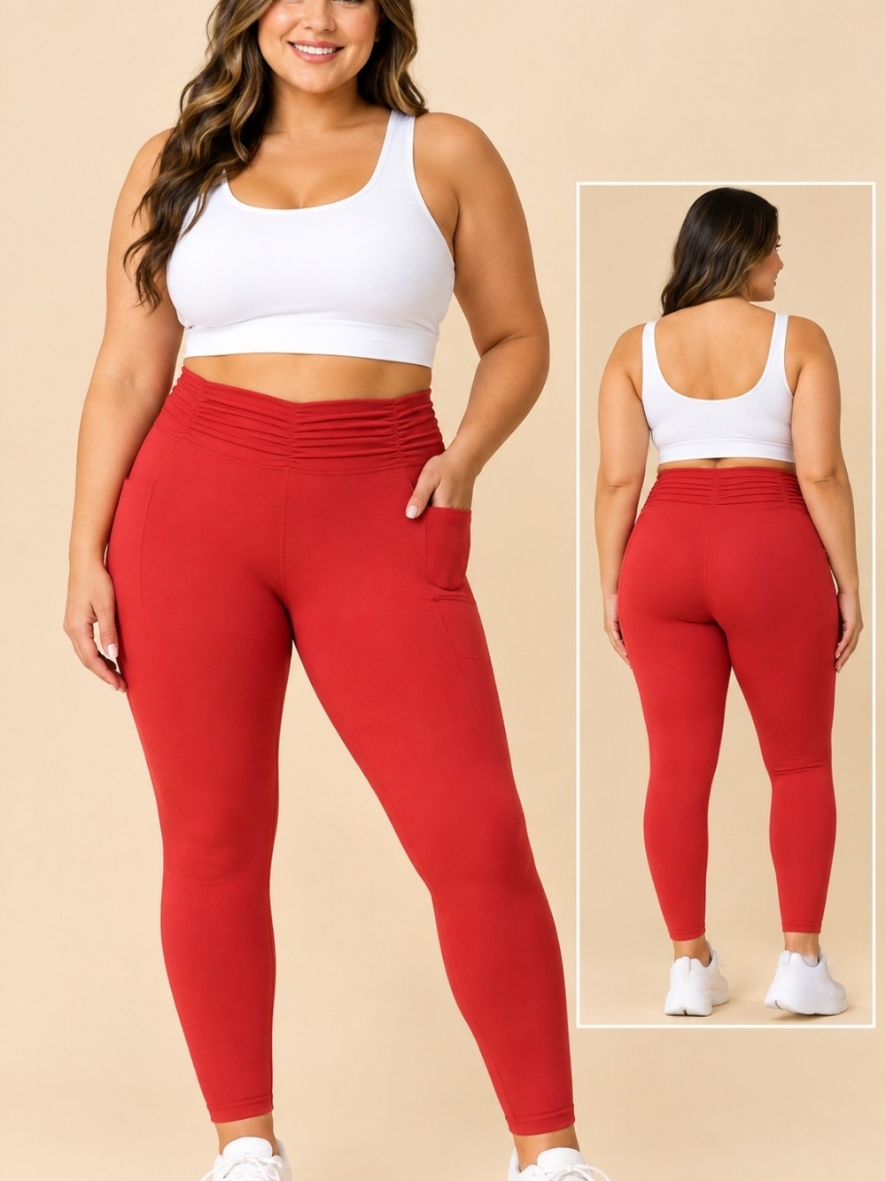 Blogilates-High-Waist Red Pocket Leggings - Women Pants